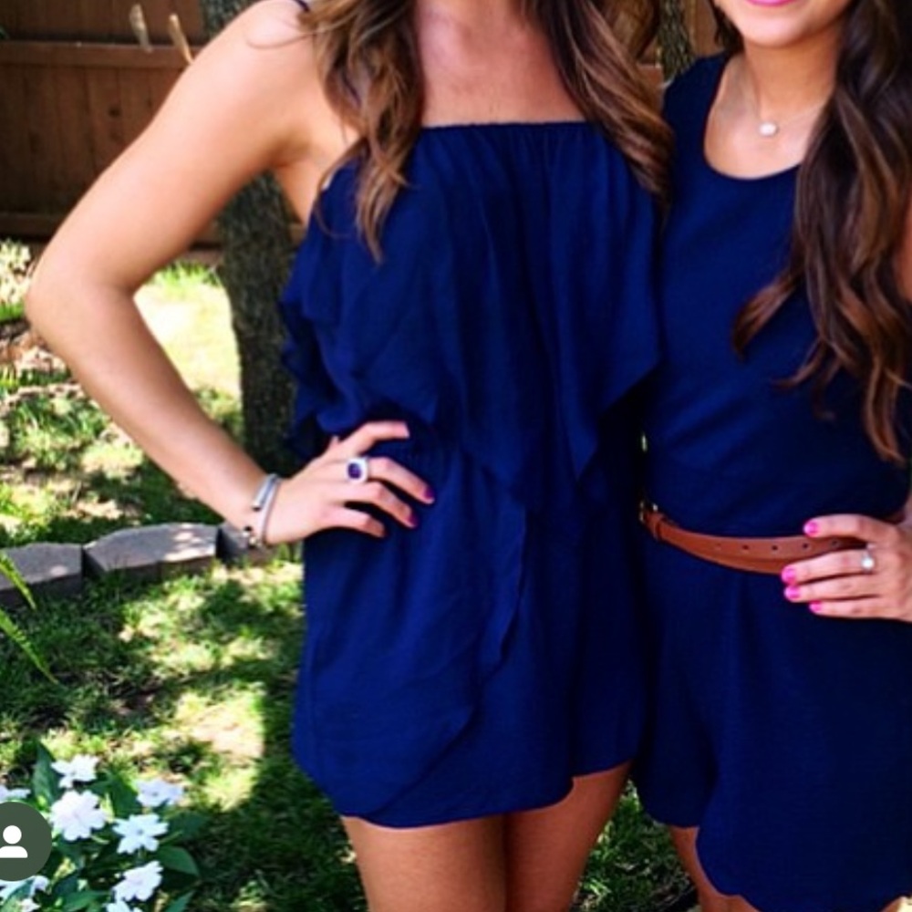 BCBGeneration navy blue flounce flowy spaghetti strap romper